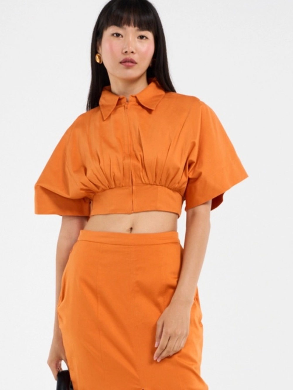 ANDREA IYAMAH Cropped Collared Zip-Front Top in Orange